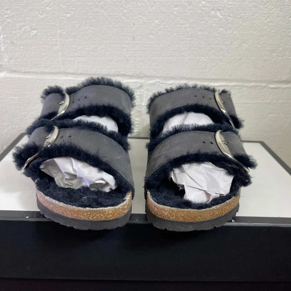 Birkenstock Arizona Big Buckle Black Shearling Sandals Slides Womens 36 EU/5 US‎